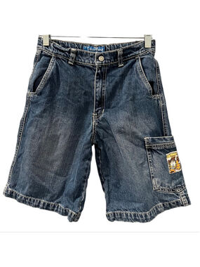 Vintage 90s Garfield Cat Denim Cargo Shorts Kids Size 12 Carpenter Utility Blue
